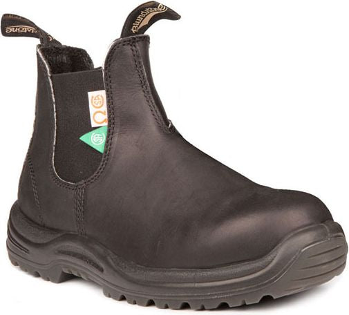Black leather work boot with elastic side and pull tabs