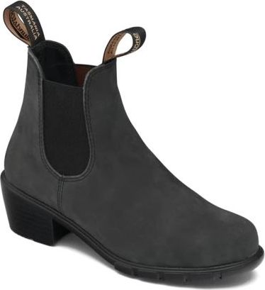 Black Chelsea boot with elastic side panels and block heel.