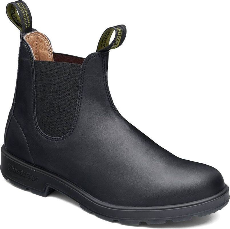 Black leather Chelsea boot with elastic side panels and pull loops.