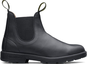 Black leather Chelsea boot with elastic side panels and pull tabs.