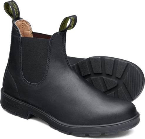 Black leather Chelsea boot with olive-colored pull loops on the front and back.