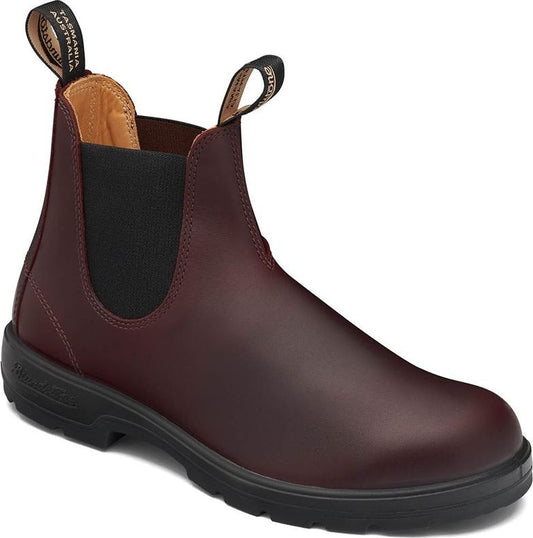 Maroon leather pull-on boot with black sole and elastic side.