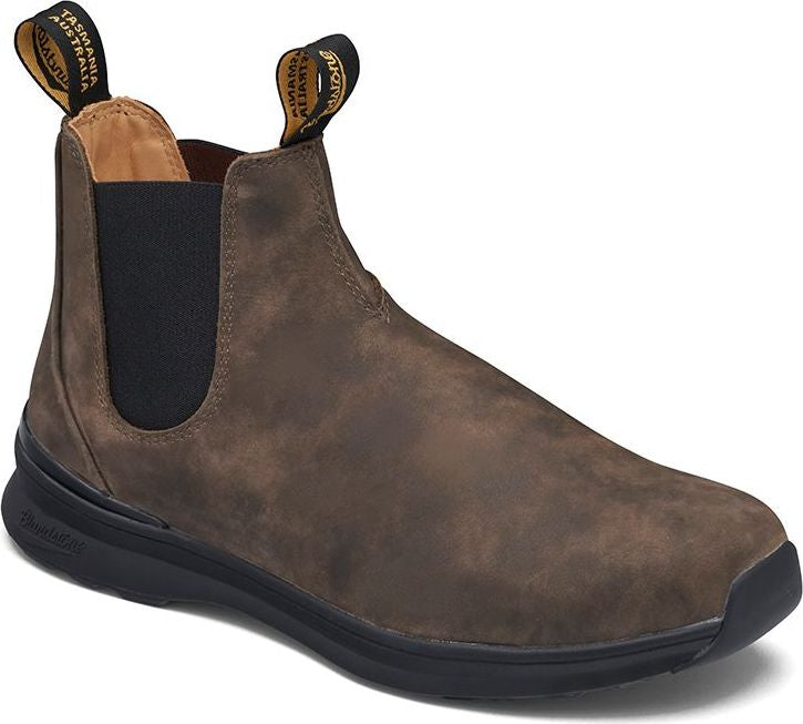 Low, brown ankle boot with elastic ankle and black sole.