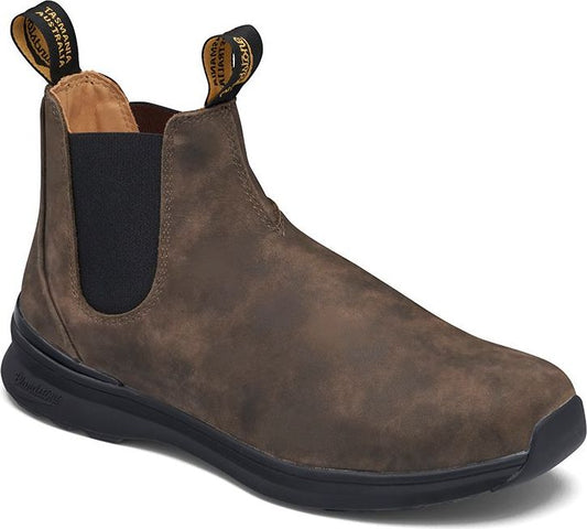 Low, brown ankle boot with elastic ankle and black sole.