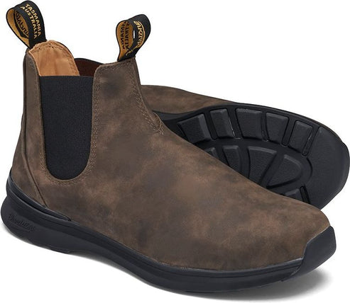 Chelsea-style ankle boots in matte brown leather with black elastic side panels and black soles.