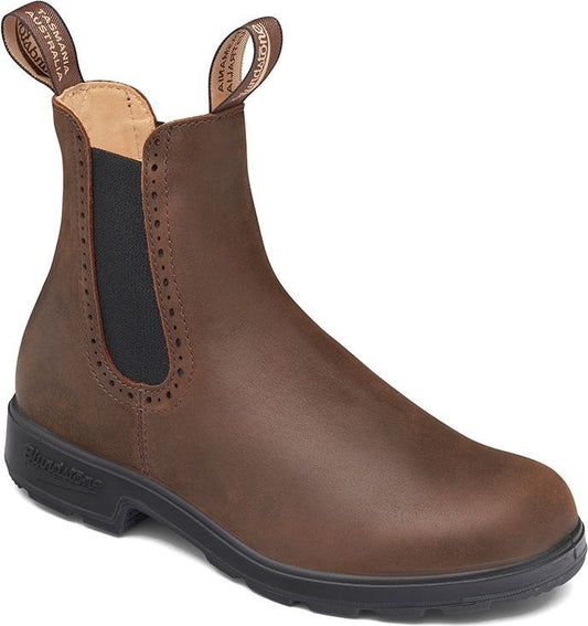 A brown leather Chelsea boot with an elastic side, and pull tabs at the front and back.