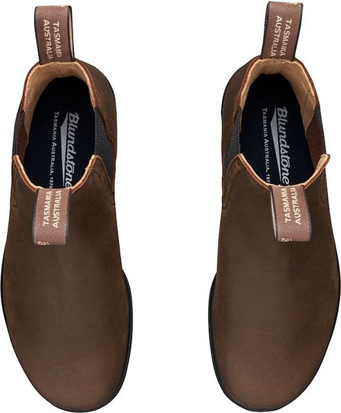 Pair of brown pull-on boots viewed from above.