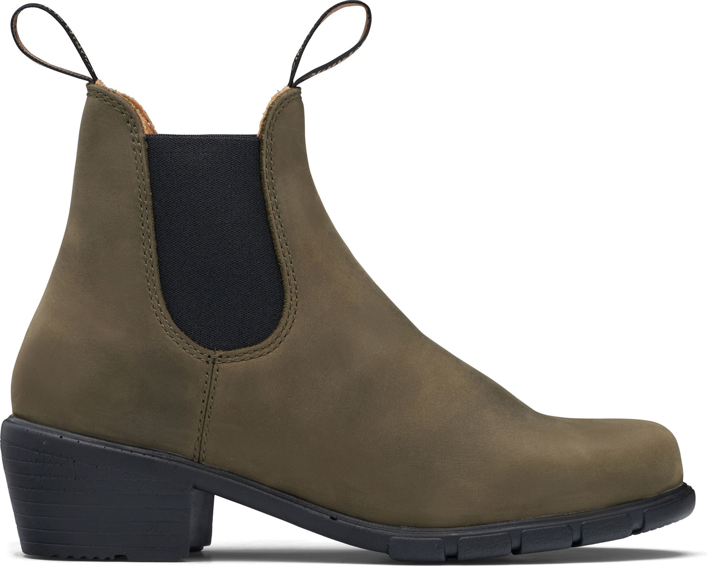 Low-cut olive boot with block heel and black elastic side panels.