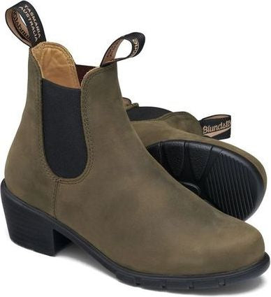 Olive Chelsea boot with a block heel and elastic side panel.