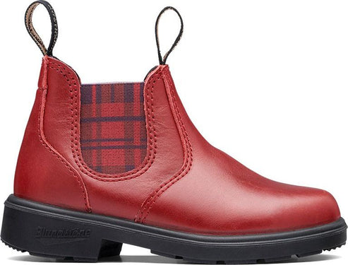 A red leather Chelsea boot with black soles and plaid elastic side panels.