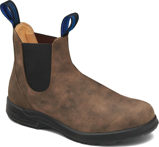 Brown ankle boot with black sole and blue pull-tabs.
