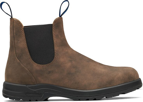 Brown, ankle-high boot with black sole, and blue pull loops on top.