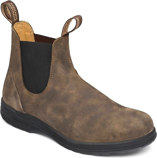 Chelsea boot with brown distressed leather and black sole.
