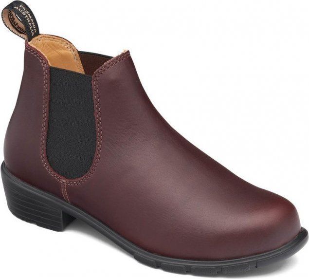 Burgundy ankle boot with a block heel, black elastic goring, and a pull tab.