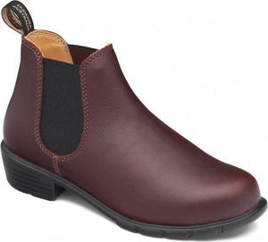 Burgundy ankle boot with a block heel, black elastic goring, and a pull tab.