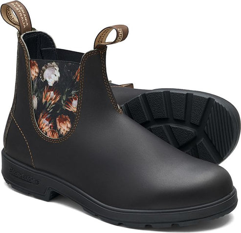 Brown leather Chelsea boot with floral fabric lining.