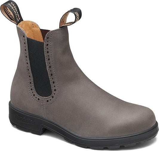 Ankle-height grey boot with black elastic sides, black sole, and pull tabs on the heel and tongue.