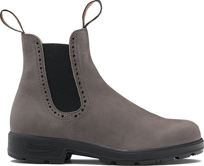 Ankle-high gray suede boot with black elastic side panels and black lug sole.