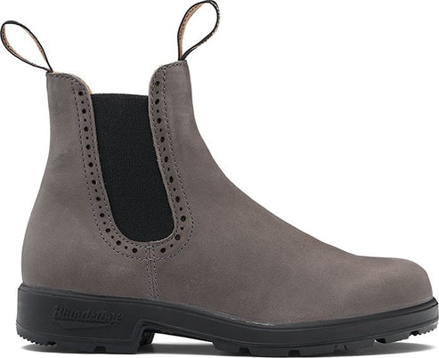 Ankle-high gray suede boot with black elastic side panels and black lug sole.