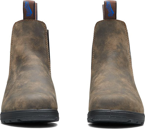 Pair of brown leather ankle boots with blue pull loops.
