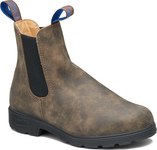 A dark brown leather Chelsea boot with black elastic side panels and a blue pull tab.