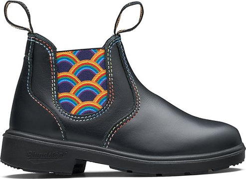 Black Chelsea boot with rainbow pattern on elastic side panel and multicolored stitching.