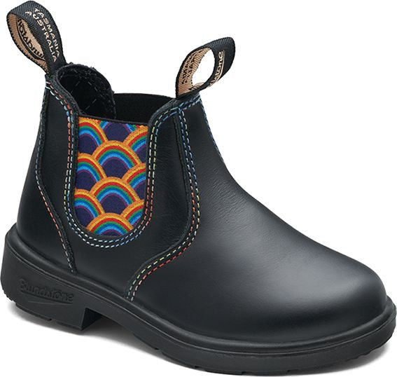 Black leather ankle boot with rainbow elastic side, stitching and pull loops.