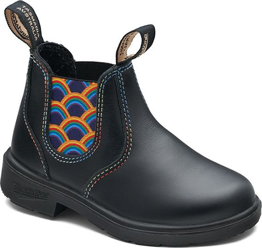 Black leather ankle boot with rainbow elastic side, stitching and pull loops.