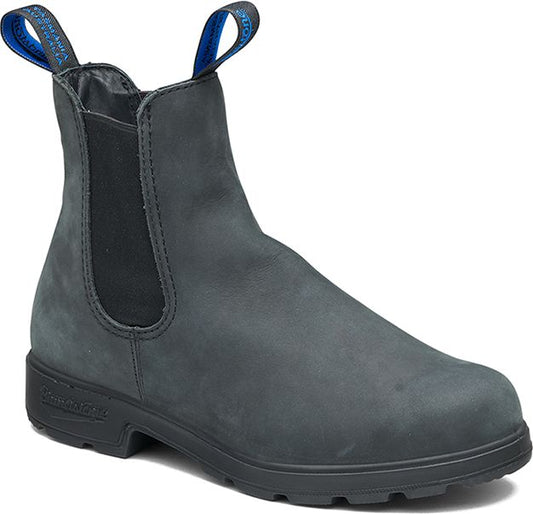 Gray ankle boot with black elastic sides and blue pull tabs.