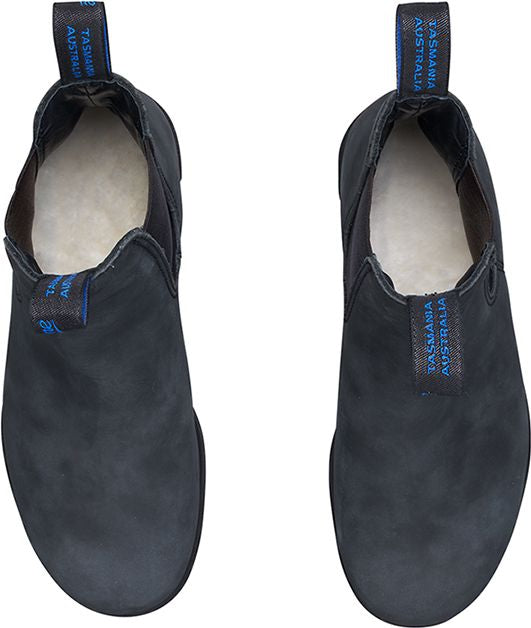 Pair of black leather pull-on ankle boots with blue pull tabs.