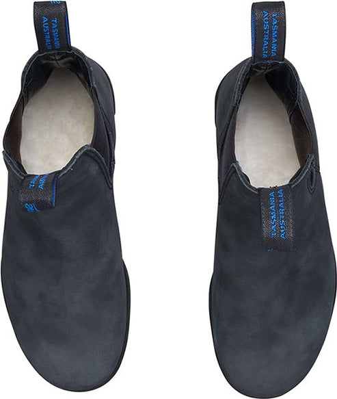 Pair of black leather pull-on ankle boots with blue pull tabs.