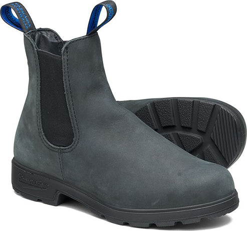 Two gray ankle-high boots with elastic side panels and blue pull loops.