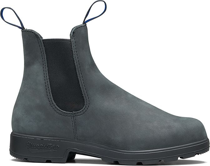 A matte gray ankle-high boot with elastic side panels and blue pull loops.