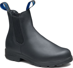 Black leather Chelsea boot with blue pull tabs.