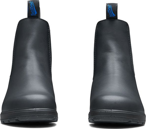 Pair of black Chelsea boots with blue pull loops.