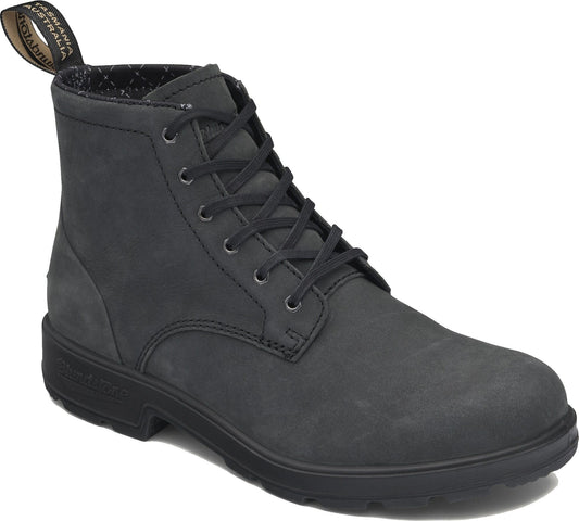 Close-up of a dark grey leather lace-up ankle boot with a fabric loop in the back.