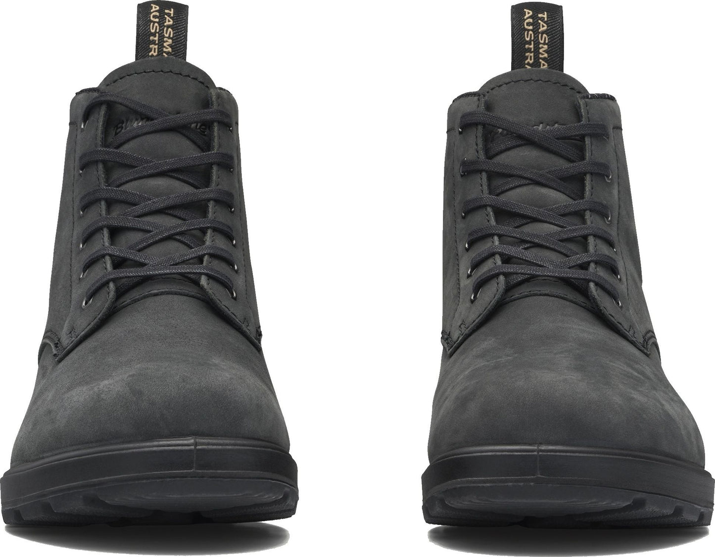 A pair of black nubuck leather lace-up boots.
