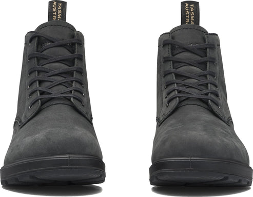A pair of black nubuck leather lace-up boots.