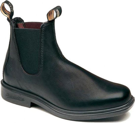 Chelsea style boot in black leather with elastic side panels and pull tabs.
