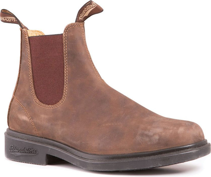 Brown Chelsea boot with elastic side panel and pull tabs.