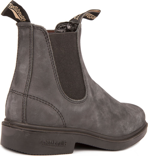 Grey ankle boot with black elastic side panels and pull tabs on front and back.