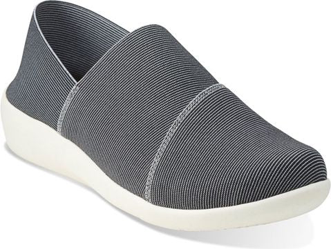 Gray slip-on shoe with a white sole.