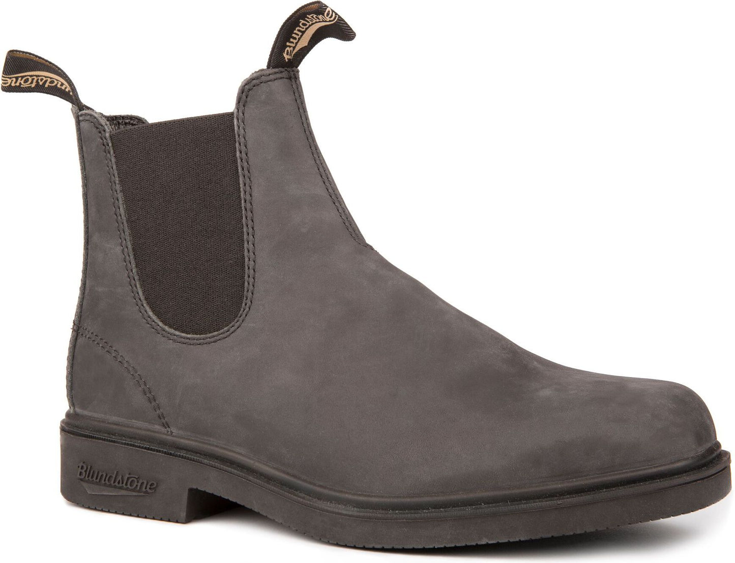 Gray ankle boot with elastic side panels and pull tabs.