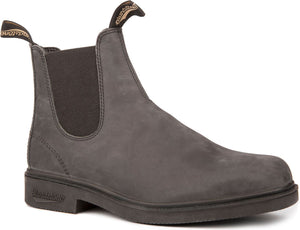 Gray ankle boot with elastic side panels and pull tabs.
