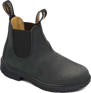 Black leather Chelsea boot with elastic side panels and pull loops.