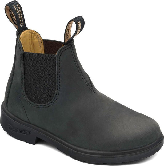 Black leather Chelsea boot with elastic side panels and pull loops.