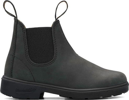 Ankle-high, matte black leather boot with elastic goring and pull tabs.