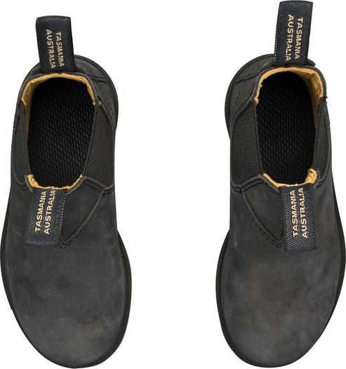 Top-down view of two black leather boots with elastic sides and pull tabs labeled "TASMANIA AUSTRALIA".