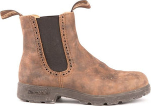 Brown, leather, ankle-high boot with elastic sides and perforated trim.