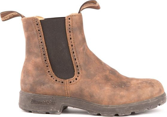 Brown, leather, ankle-high boot with elastic sides and perforated trim.